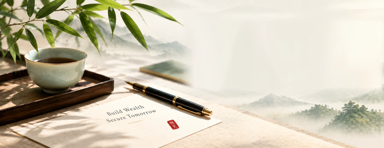 A cup of tea, a fountain pen and handmade paper on a desk, with misty mountains beyond