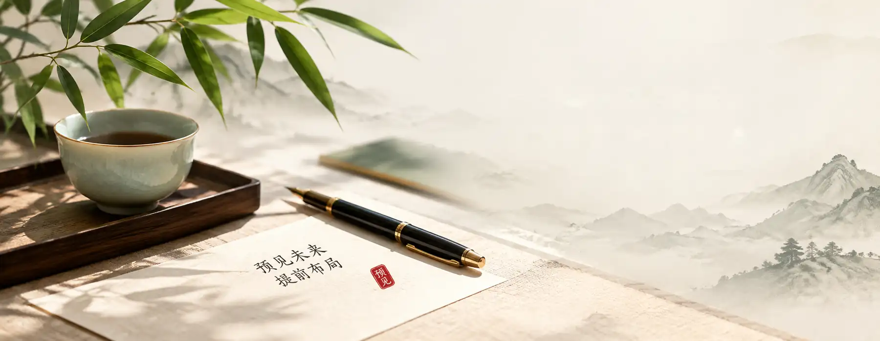 茶杯、钢笔与写着“预见未来，提前布局”的信纸，远处是云雾山水