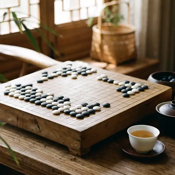 A game of Go mid-way on a wooden board, with a cup of tea beside it