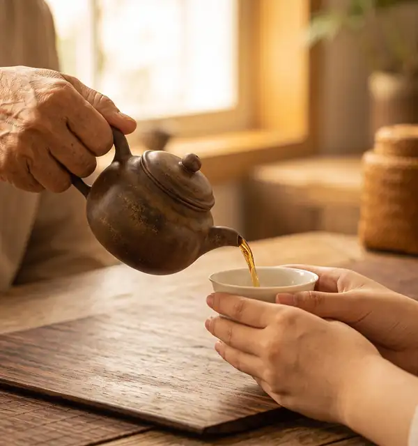 An older hand pouring tea from a well-worn clay teapot into a cup held by younger hands