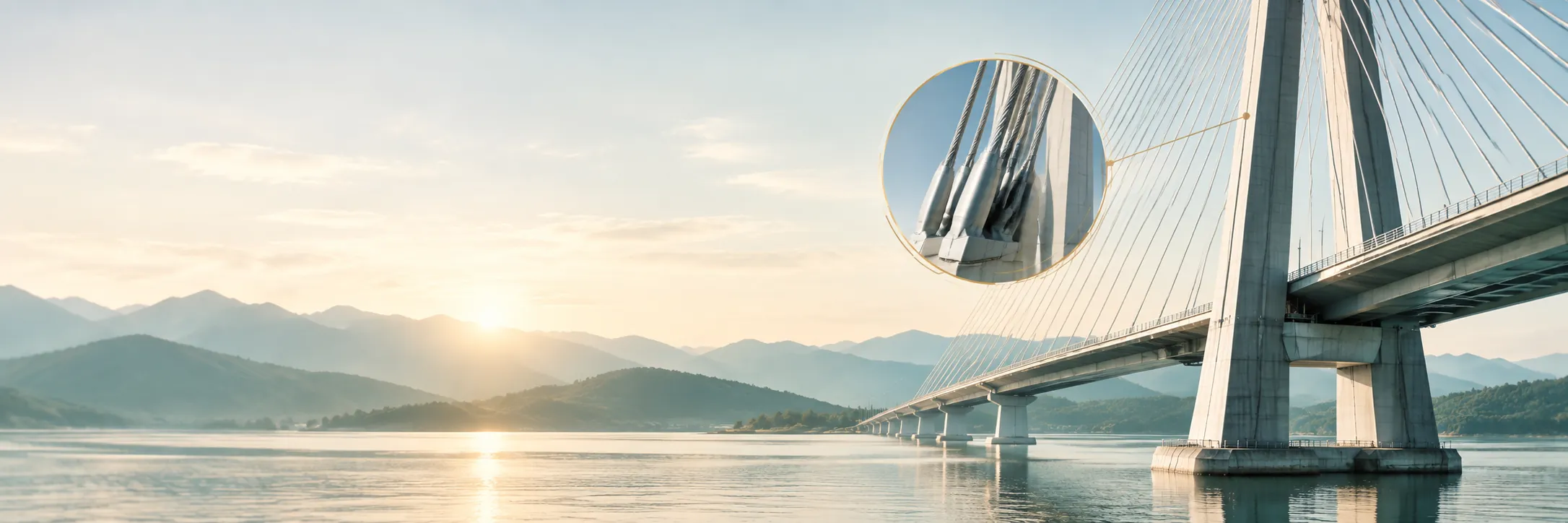 A cable-stayed bridge over a calm lake at sunrise, with a close-up of a stay-cable anchorage